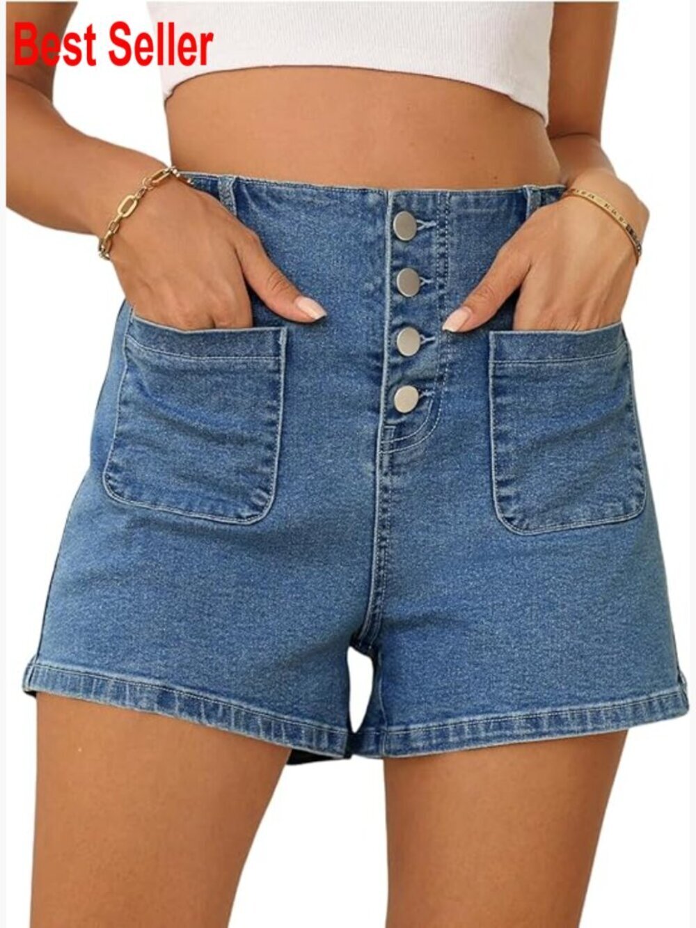 High Waisted Denim Shorts with Button Fly and Stretch Cotton Blend